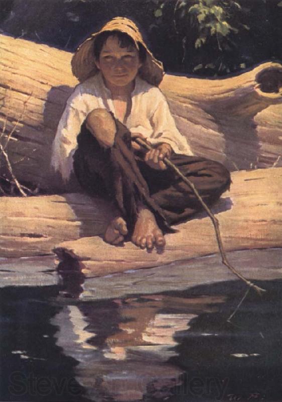 Worth Brehm Forntispiece illustration for The Adventures of Huckleberry Finn by mark Twain Norge oil painting art